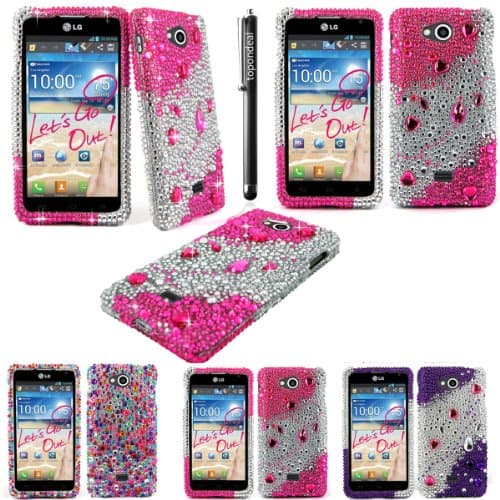 TopOnDeal TM Diamond Jewel Rhinestone Silver and Pink Case Cover+Free Stylus Touch Pen For LG Spirit 4G MS870 Phone Accessory (Silver and Pink)