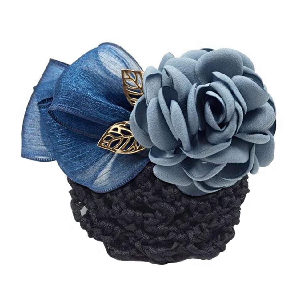 NATUWORLD Women Hair Bun Cover Net Snood Hairnet Bowknot Decor Barrette Hair Clip Bow Ribbon Flower Hair Accessories For Stewardess Banks Hotels Restaurant Staff (Blue)