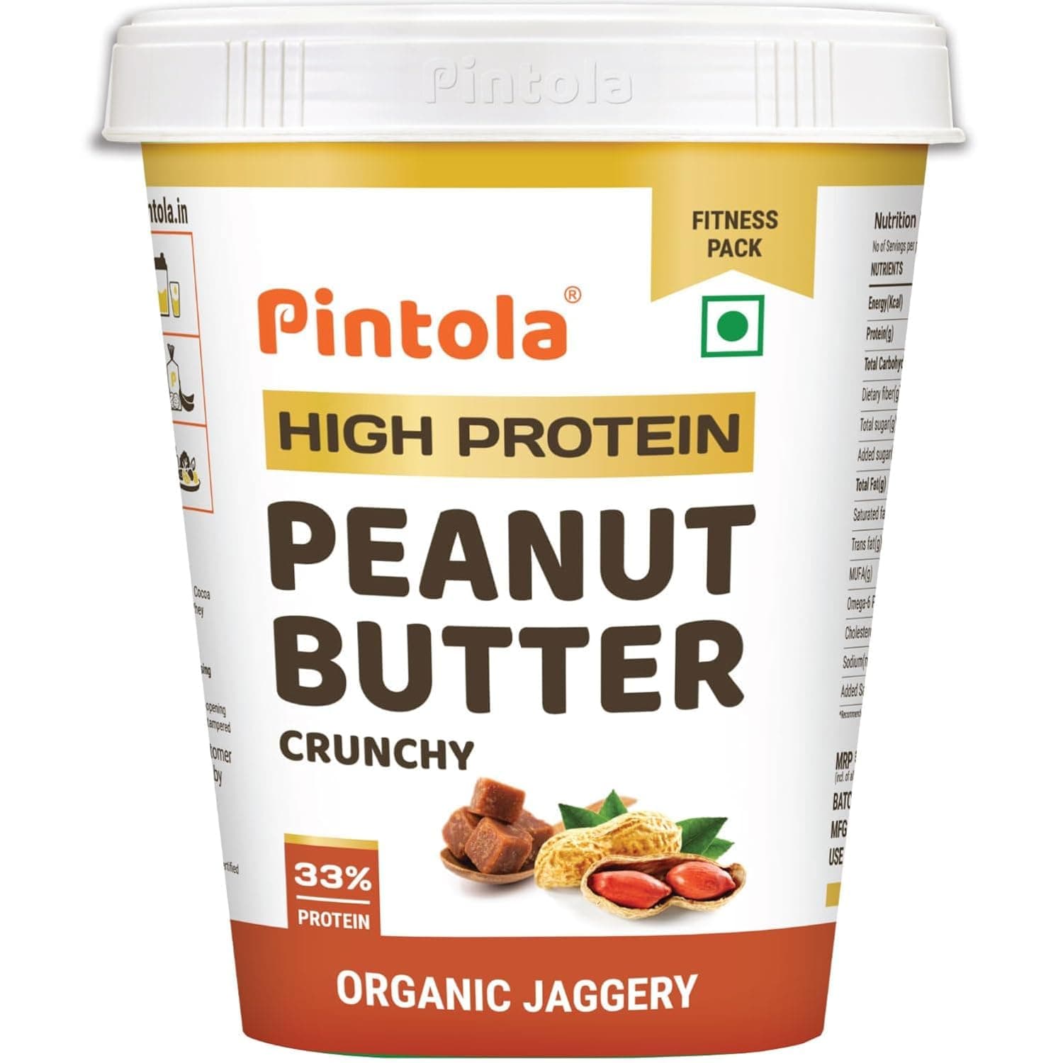 - HIGH Protein ORGANIC JAGGERY Peanut Butter Crunchy 1kg with 33g Protein & 7g Fiber, Whey Protein Peanut Butter, Gluten Free, Zero Added Salt, Cholesterol Free, 100% Roasted Peanuts