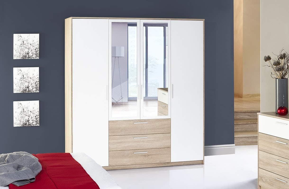 Amazon Brand - Movian Minho 4-Door 3-Drawer Wardrobe with Mirrors, 187 x 62 x 206m, Light Brown/White Oak-Effect