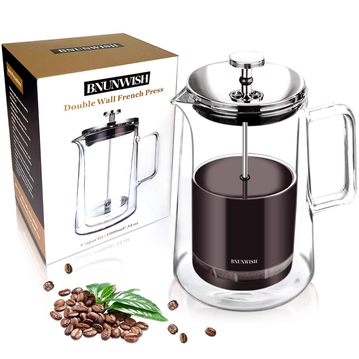 French Press Coffee Maker, Double Wall Vacuum Insulated Thermal Borosilicate Glass, 4 Level Filtration System with No Grounds, 34 Oz, 1000ML