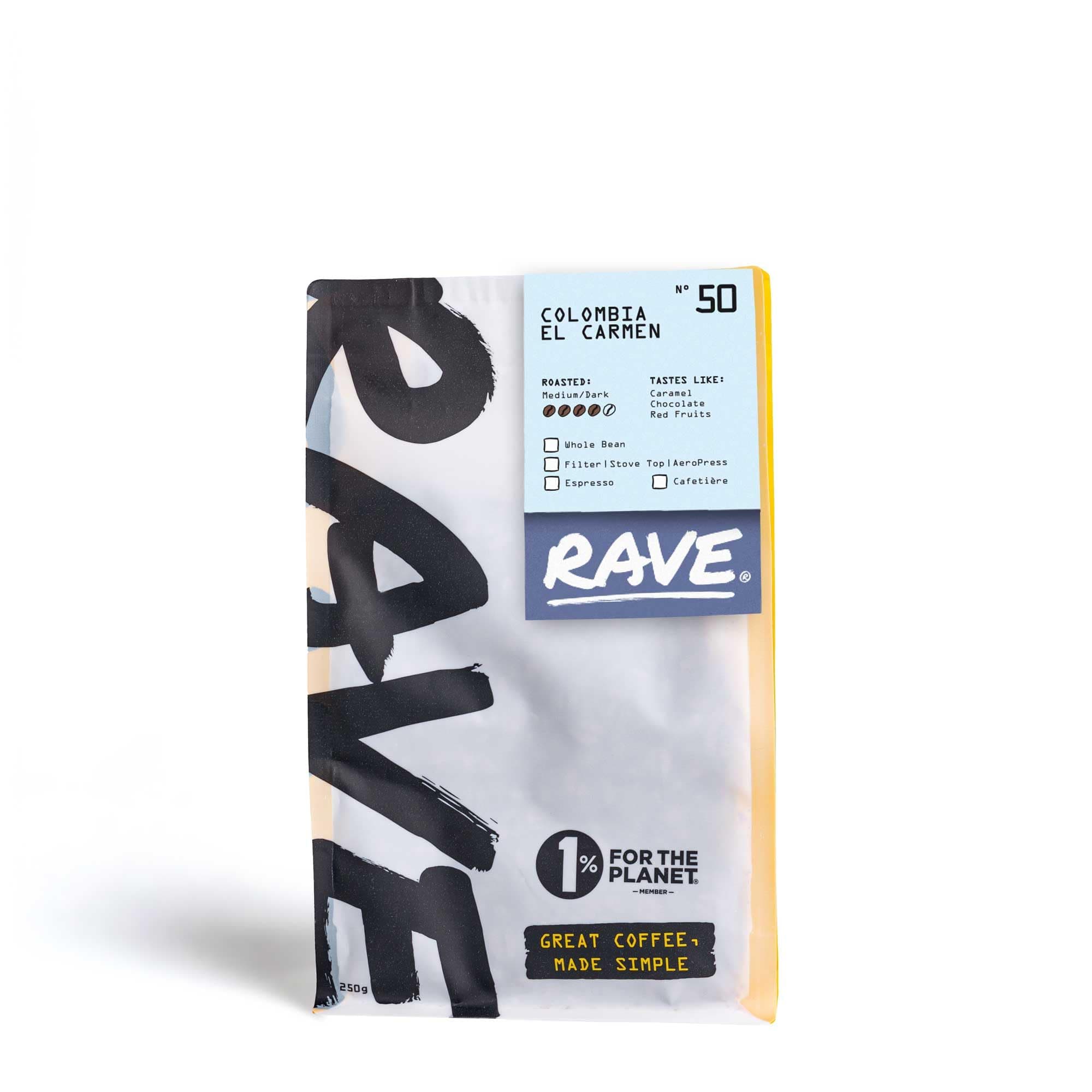 Rave CoffeeColombia El Carmen Nº 50 Single Origin, Cafetière Grind Freshly Roasted and Ground Coffee 250g