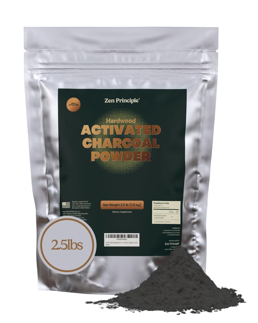Zen Principle Hardwood Activated Charcoal Powder 100 Percent from USA Trees. All Natural. Whitens Teeth, Rejuvenates Skin and Hair, Supports Better Digestion, 40 Oz