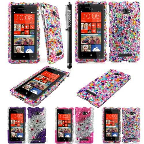 TopOnDeal TM Diamond Bling Jewel Rhinestone Rainbow Colors Case Cover Protecter+Free Stylus Touch Pen For HTC Windows 8x Phone (Rainbow Colors)