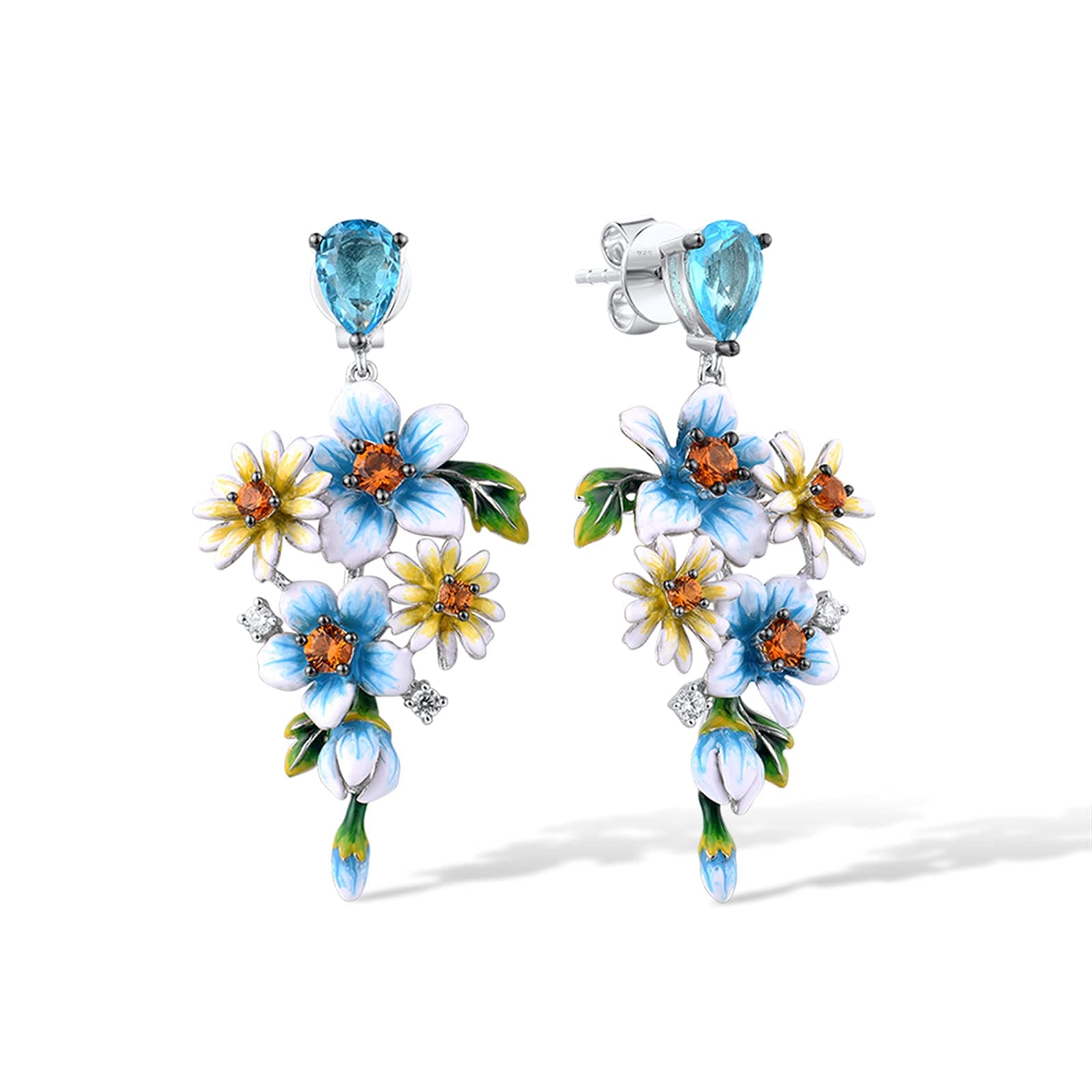 925 Sterling Silver Gemstone Enamel Flower Earrings