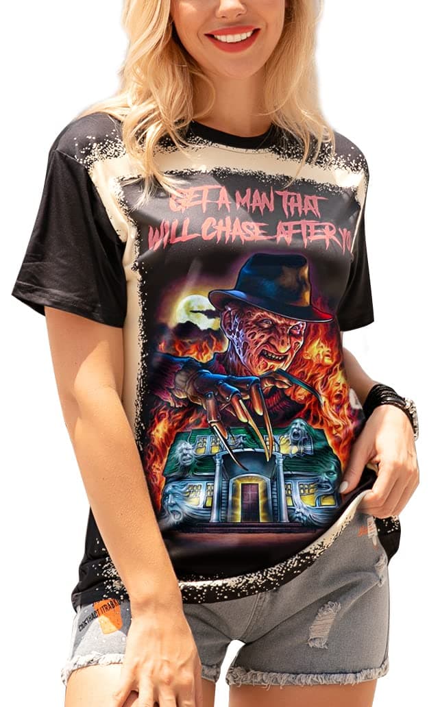 Halloween Shirt for Women Horror Scary Movies Squad Bleached Novelty Funny Fan Gift Graphic Short Sleeve Tee Tops