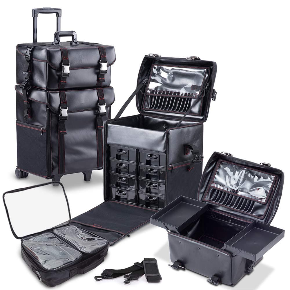 KIOTA 2 in 1 Pro Makeup Artist Case on Wheels, Multifunction Cosmetic Organizer with Removable Drawers, Beauty Trolley, Soft sided Case with PREMIUM Metal Buckles, ULTIMATE Series - Black Leather