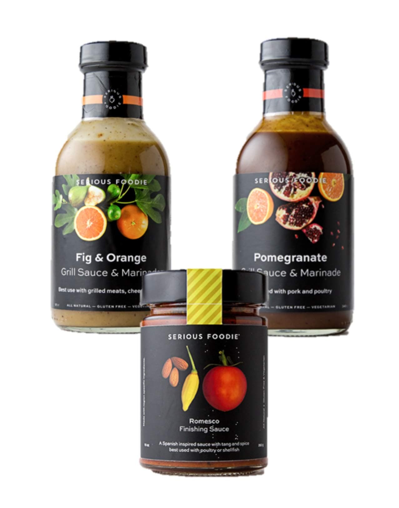 The Serious Foodie Sampler Pack - European Flavors: Fig & Orange Grill Sauce & Marinade, Romesco Finishing Sauce, Mediterranean Pomegranate Sauce