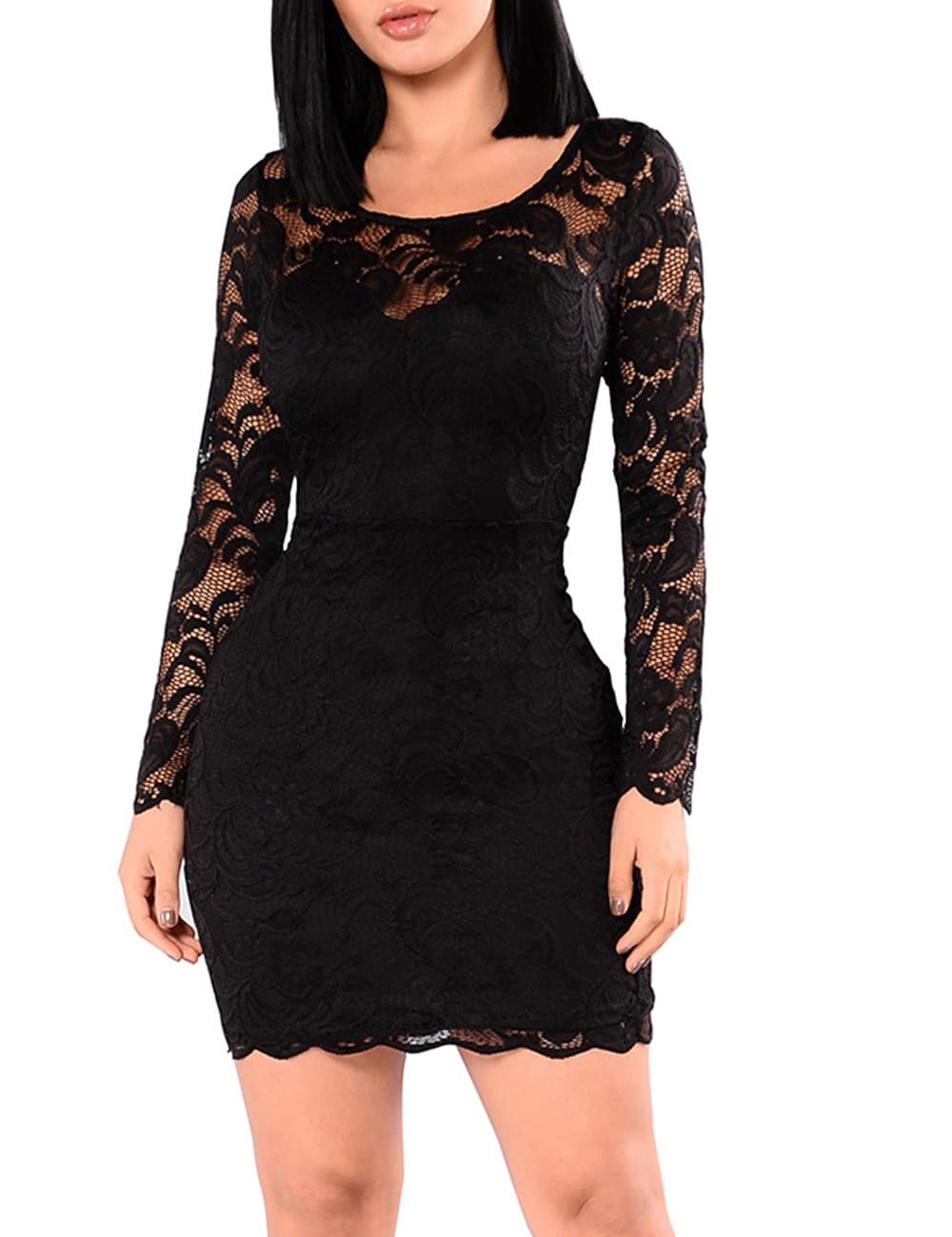 Women's Floral Lace Long Sleeve Bodycon Cocktail Party Dresses (Black, Small)