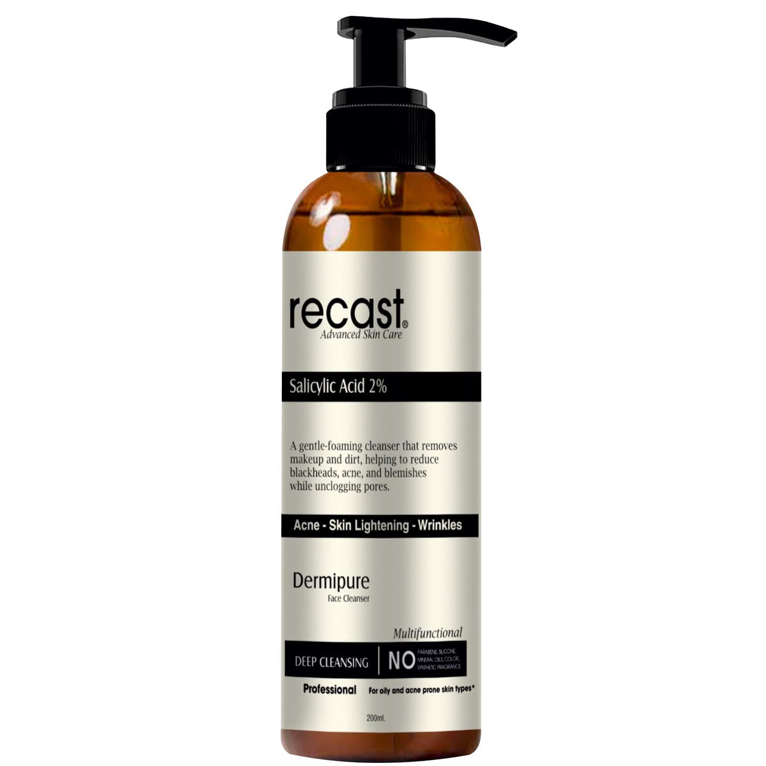 Recast 2% BHA Liquid Salicylic Acid Cleanser-Dermipure Face Cleanser for Blackheads | Enlarged Pores | sebum control | Wrinkles | Fine Lines - 200ml