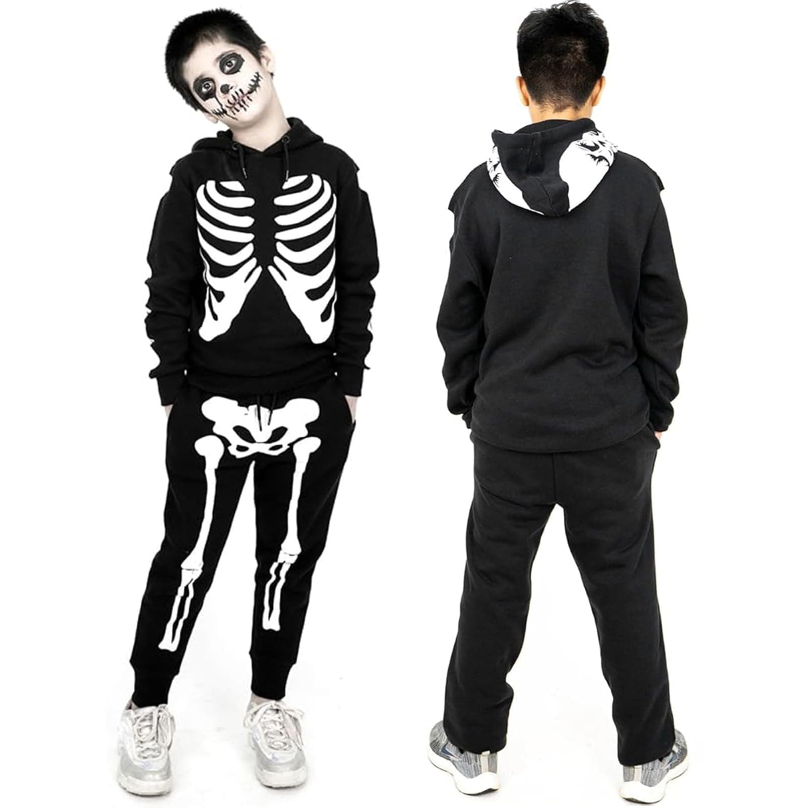 NOROZE Unisex Halloween Skeleton Tracksuit Set Mens and Girls Skull Bones Printed Long Sleeve 2 Piece Outfit Set Hoodie with Jogging Pants Halloween Costume for Kids