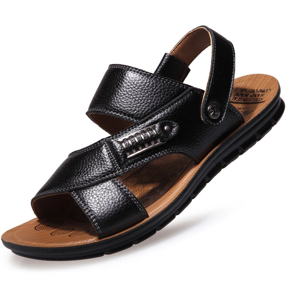 CANRO Men's Soft Leather Sandals Outdoor Breathable Beach Slippers - Black - 9.5 UK