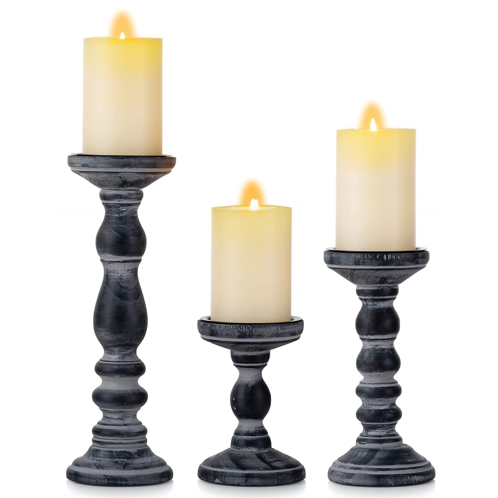 Candle Holder for Pillar Candles: Romadedi Set of 3 Decorative Wood Candlestick Holders, Rustic Wooden Candle Stand for Fireplace Mantle End Table Shelf in Farmhouse Style, Black 6”, 8.3”, 12”