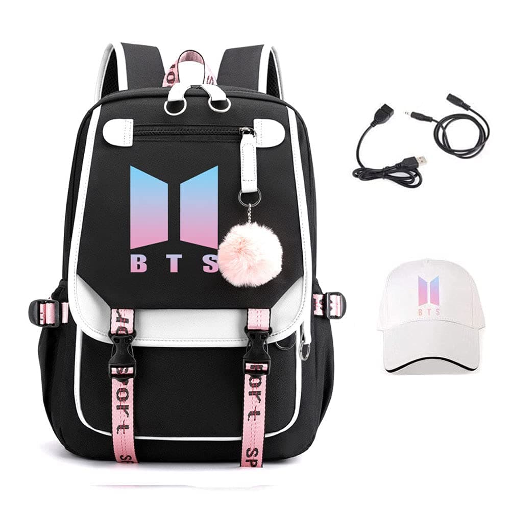 BTS Backpack, Girls Kpop School Bag Students Laptop Backpack for Kids Teenagers Bangtan Boys Fans Gift, Black, 11.8 x 8.26 x 17.7 Inches