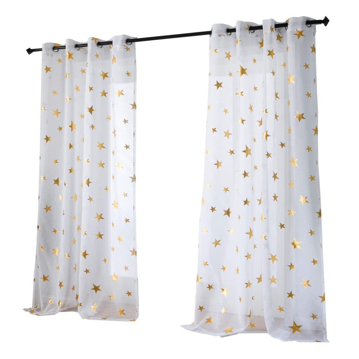 Kotile Nursery/Kid's Bedroom Sheer Door Curtain Panels with Gold Foil Print Star Patern, Thin and Soft Grommet White Voile Sheer Curtains for Girls Bedroom (2 Panels, 52 x63 Inches)