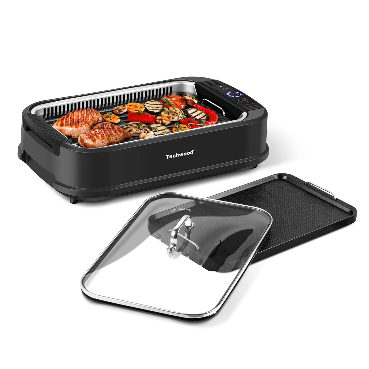 Indoor Grill Smokeless Grill, Electric Korean BBQ Grill with Glass Lid, Turbo Smoke Extractor Technology, Dishwasher-Safe Drip Tray & Nonstick Grilling Removable Plate, Black, 1500W