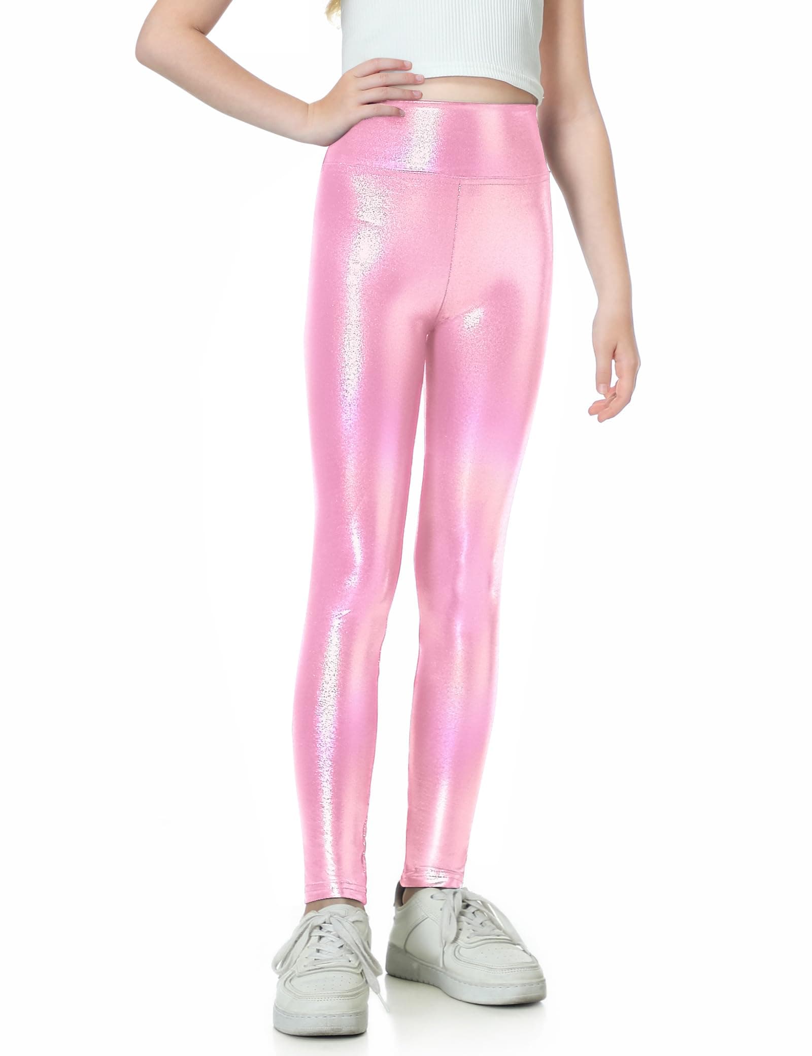 Girls Metallic Leggings High Waisted Kids Yoga Pants Stretch Shiny Running Dance Tights for Teen School Workout