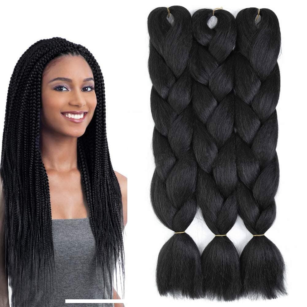 Black Braiding Hair 3 Packs Kanekalon Braiding Hair Extension for Braid Jumbo Braiding Hair 24 Inch (3 pack, black)