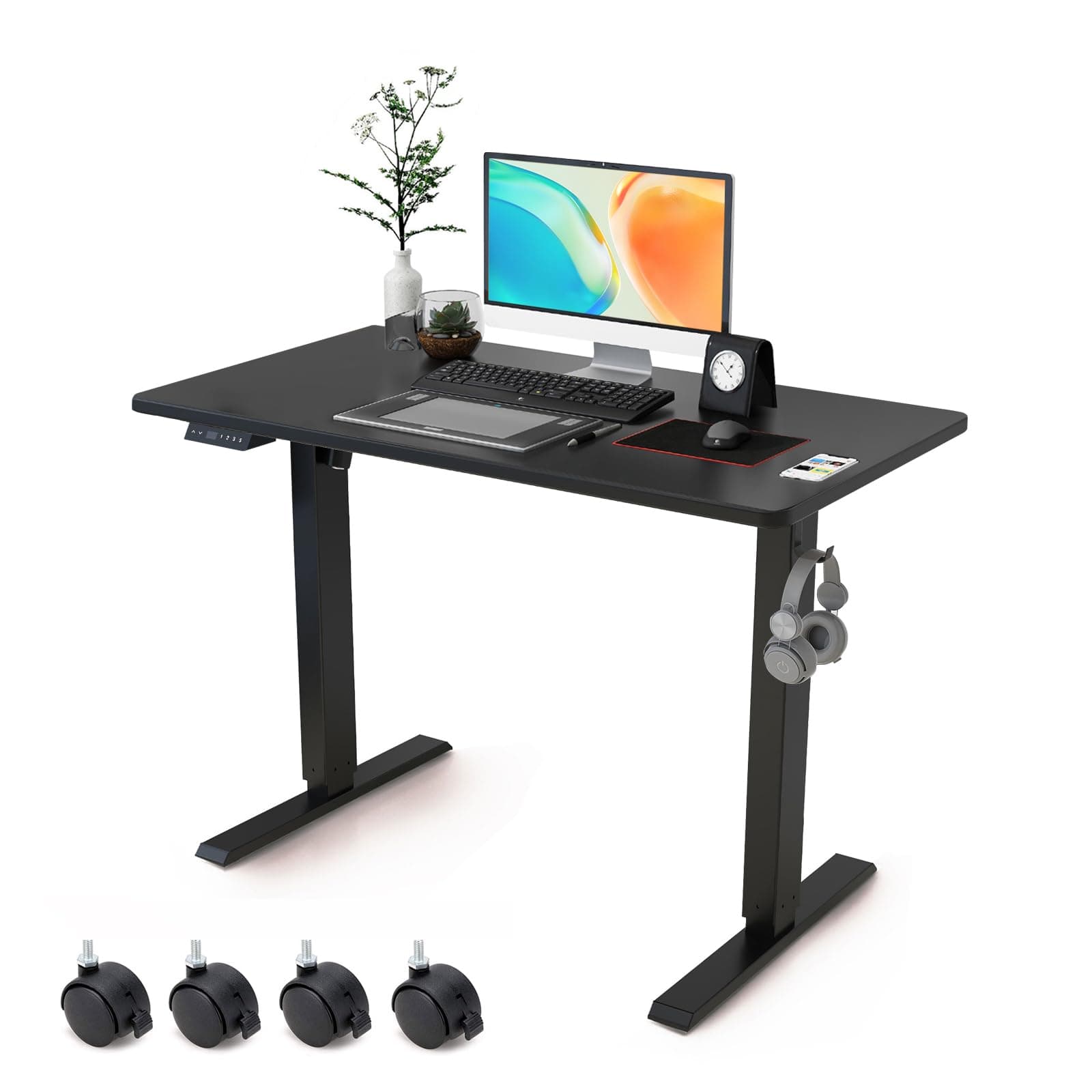Electric Standing Desk Adjustable Height - Rolling Sit to Stand Desks on Wheels - Mobile Standup Computer Table 40 Inch Black One Piece Desktop and Rising Frame with Storage for Home Office & Gaming
