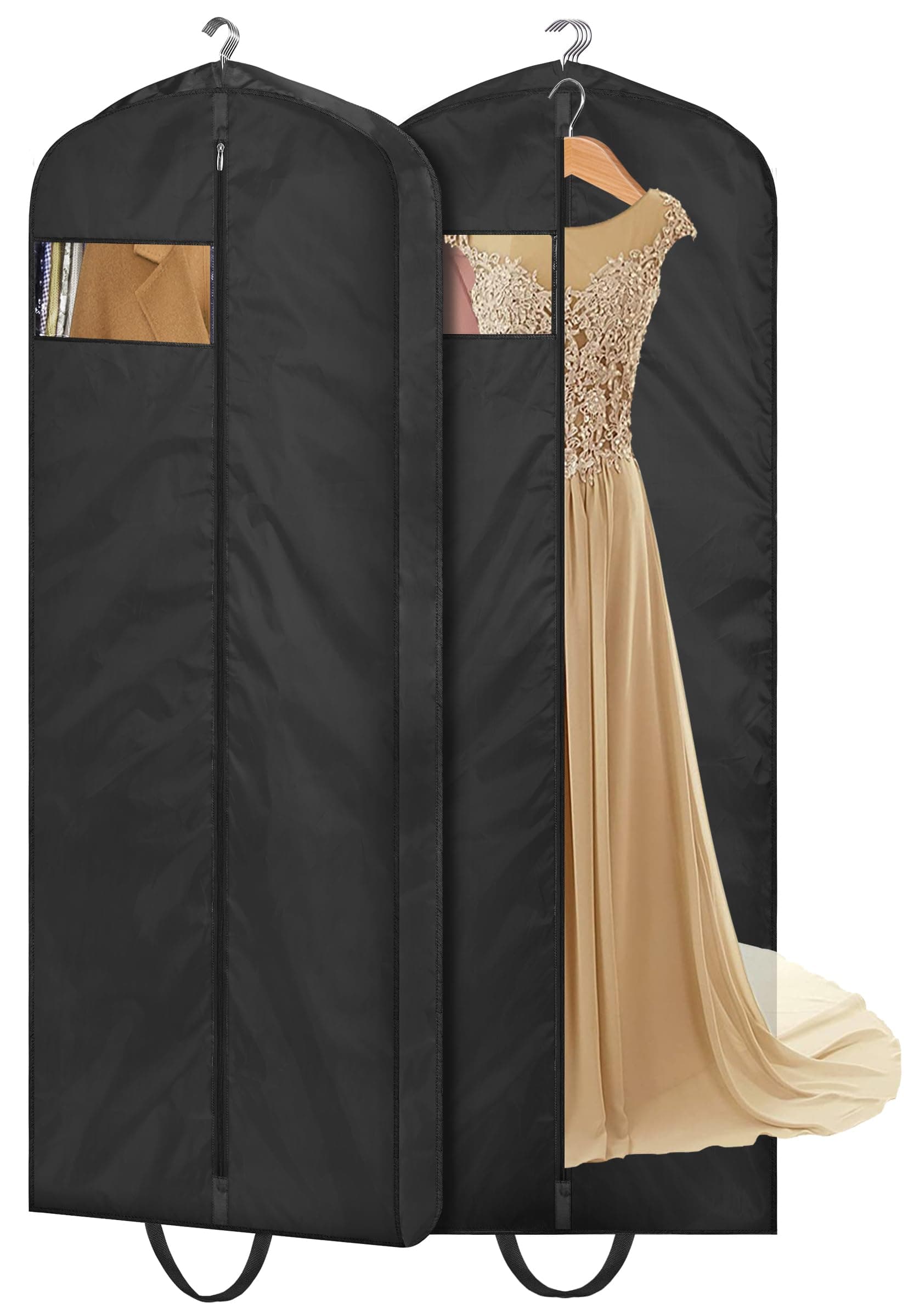MISSLO 65" Long Garment Bags for Travel Dress Bags for Hanging Clothes Wedding Dress Cover Waterproof Clothes Protector for Closet Storage 2 Packs for Gowns, Tuxedos, Coats, Black