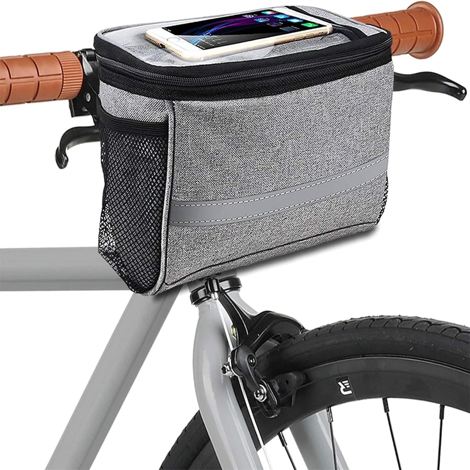 Joyzzz Bike Handlebar Bag, Waterproof Bicycle Basket Cold and Warm Insulation, Bike Front Basket with Touchable Transparent Phone Pouch Reflective Stripe, Bike Storage Bag for Mountain Road