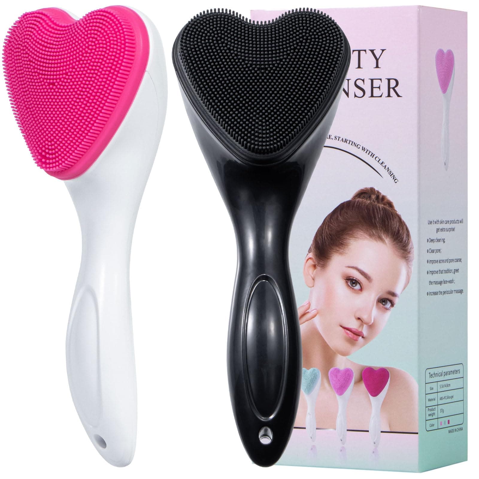 Silicone Face Scrubber Exfoliating Brush 2 Pack, Manual Handheld Facial Cleansing Brush Blackhead Scrubber, Soft Bristles Waterproof for Face Skincare (Black Hot-Pink,Heart)