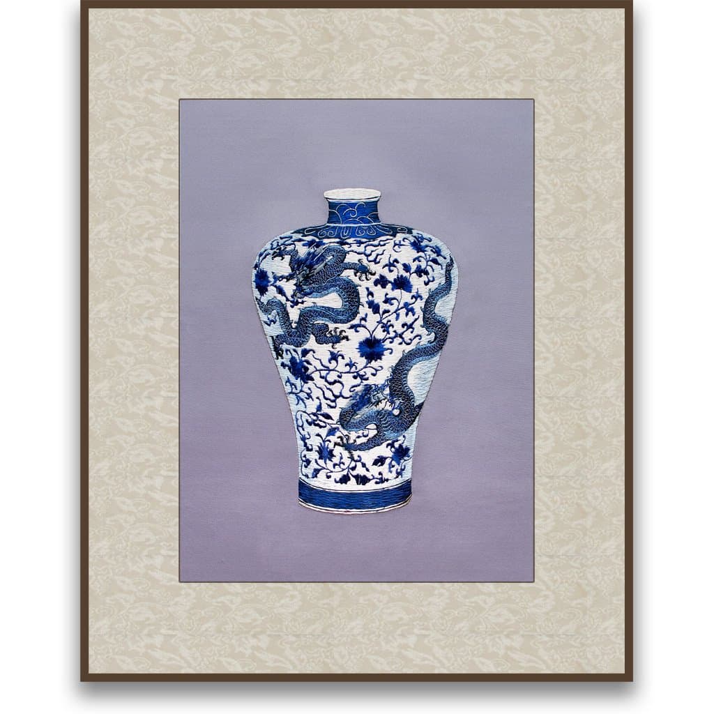 Art of Silk Hand Designed Silk Art - Dragon and Lotus Plum Vase - Silk Embroidery - Unframed