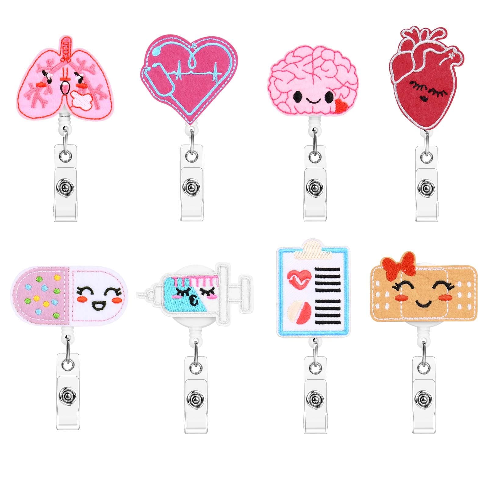 OFFCUP Badge Reel Holder, 8pcs Retractable Felt Badge Reels, Cute ID Badge Holder Felt Nurse Reel Retractable Lanyard Clips for Nurse Doctor Teacher Student