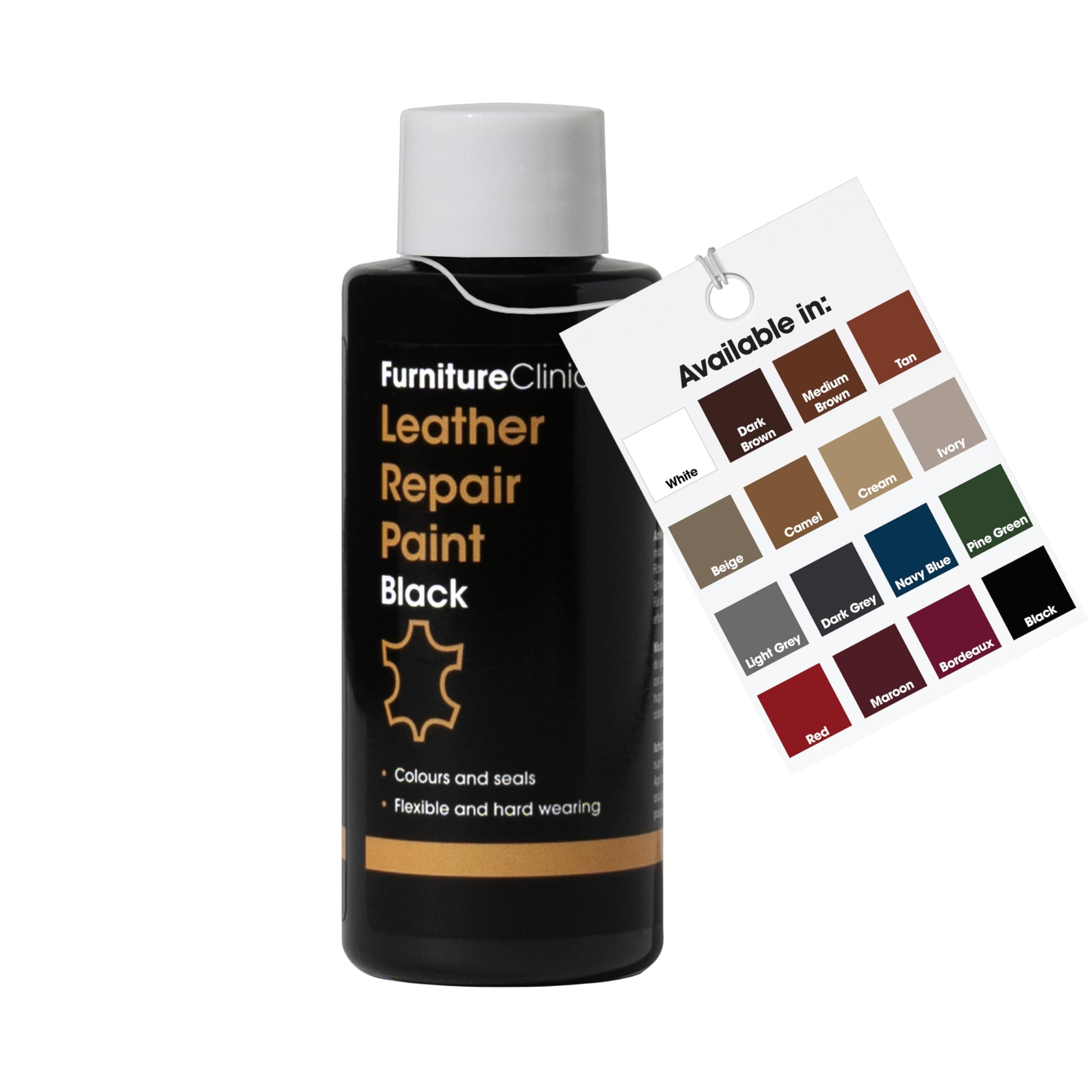 Furniture Clinic Leather Repair Paint | 2-in-1 Seal and Color | Use on Scratches, Tears, and Holes in Car Seats, Furniture | Quick and Easy Leather Repair Kit for Furniture (Black, 50ml / 1.7oz)