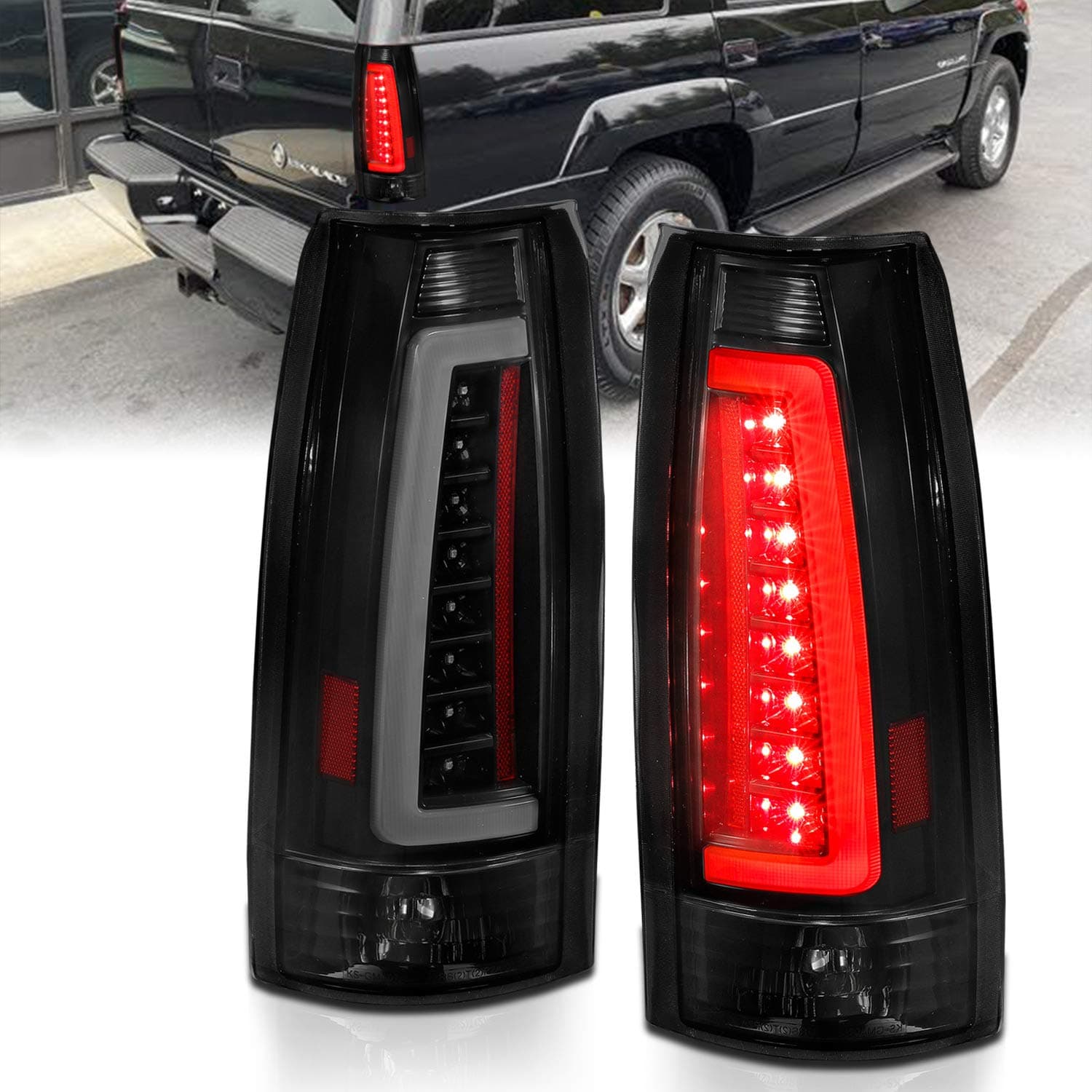 AmeriLite for 1988-1999 Chevy GMC C/K Truck Blazer Fullsize Tahoe Suburban Yukon Escalade C-Type LED Tube Dark Black Tail Lights Set - Passenger and Driver Side