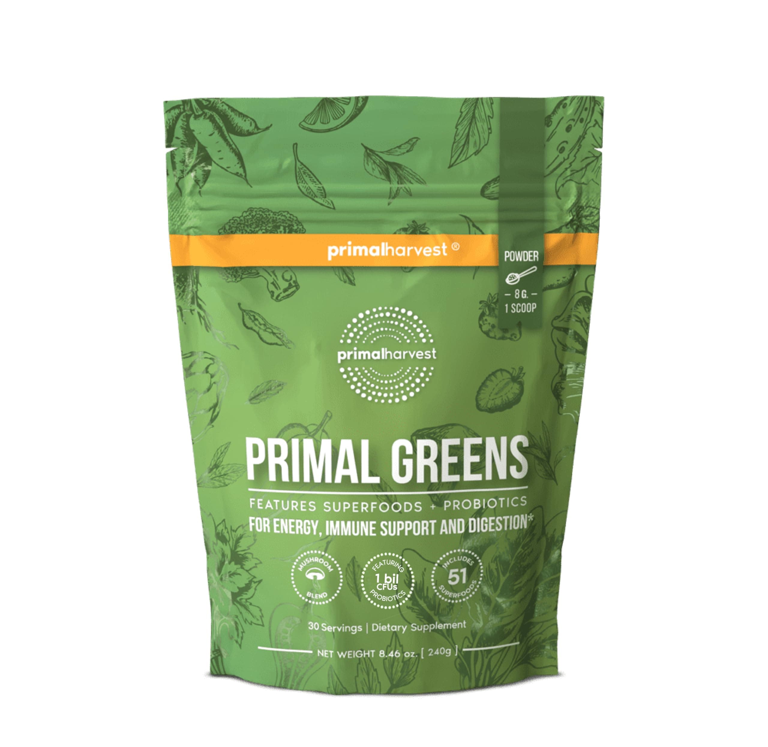 Super Greens Powder, 30 Servings w/+50 Greens Superfood Chlorella, Probiotics, Green Tea, Wheatgrass, Kale, Turmeric for Energy,Primal Greens