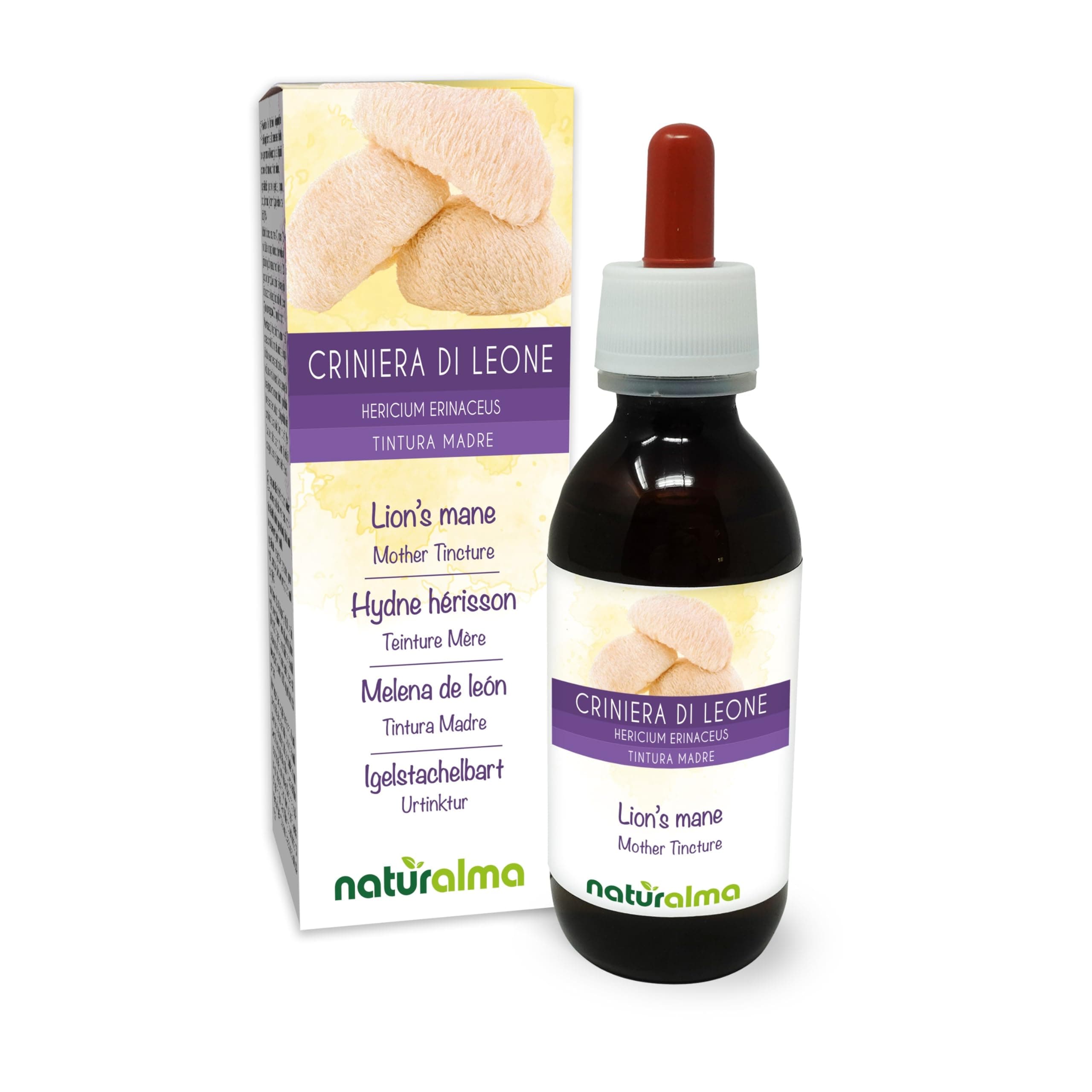 Lion's Mane or Monkey Head (Hericium erinaceus) Fungus or Mushroom Alcohol-Free Mother Tincture Naturalma - Liquid Extract Drops 120 ml - Food Supplement - Vegan