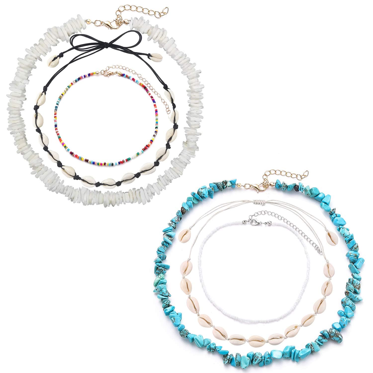 Sunmoon 6 Pieces Natural Puka Chips Shell Necklace for Women Handmade Beads Choker Necklace Hawaii Beach Adjustable