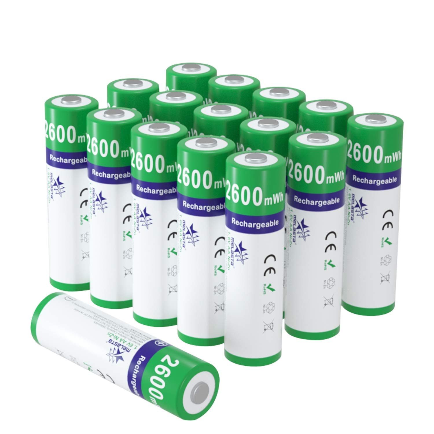 melasta 16 Count NiZn AA Rechargeable Batteries 2600mWh, 1.6V AA Battery for Outdoor Solar Light Flash Mouse Camera Toys MP3