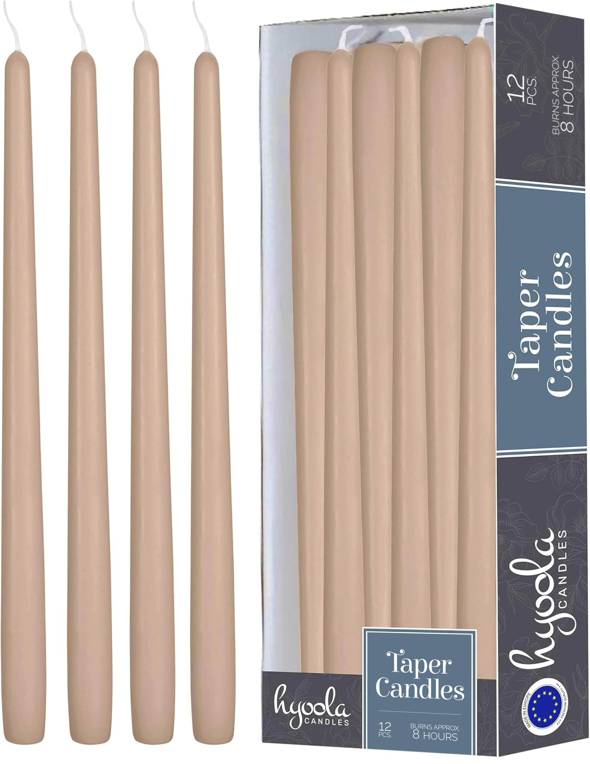 Hyoola Sahara Beige Taper Candles - 250 mm (10 Inch) Unscented Dripless Taper Candles - 8 Hour Burn Time - 12 Pack