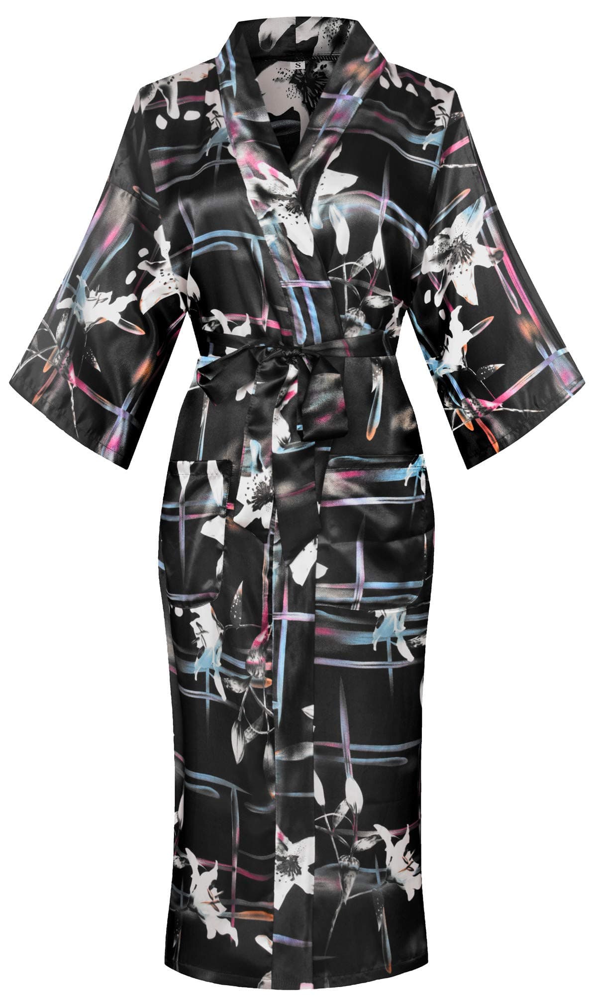 Valennia Women Long Silky Bathrobe Satin Kimono Robe Floral Printed Dressing Gown Sleepwear