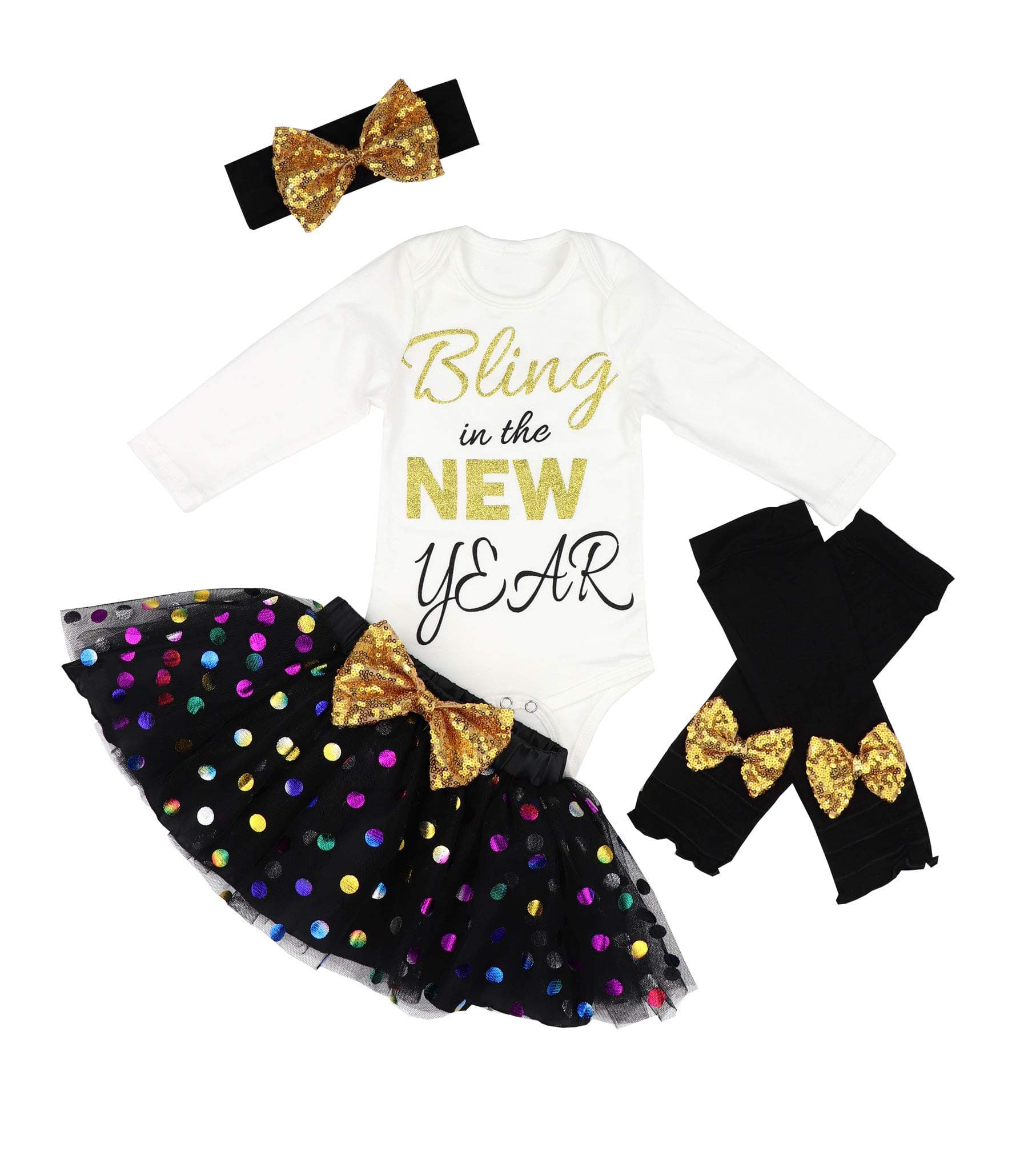 Baby Girl First New Year Tutu Dress Outfit My 1st New Year Romper + Leg Warmers + Headband+Tutu Dress