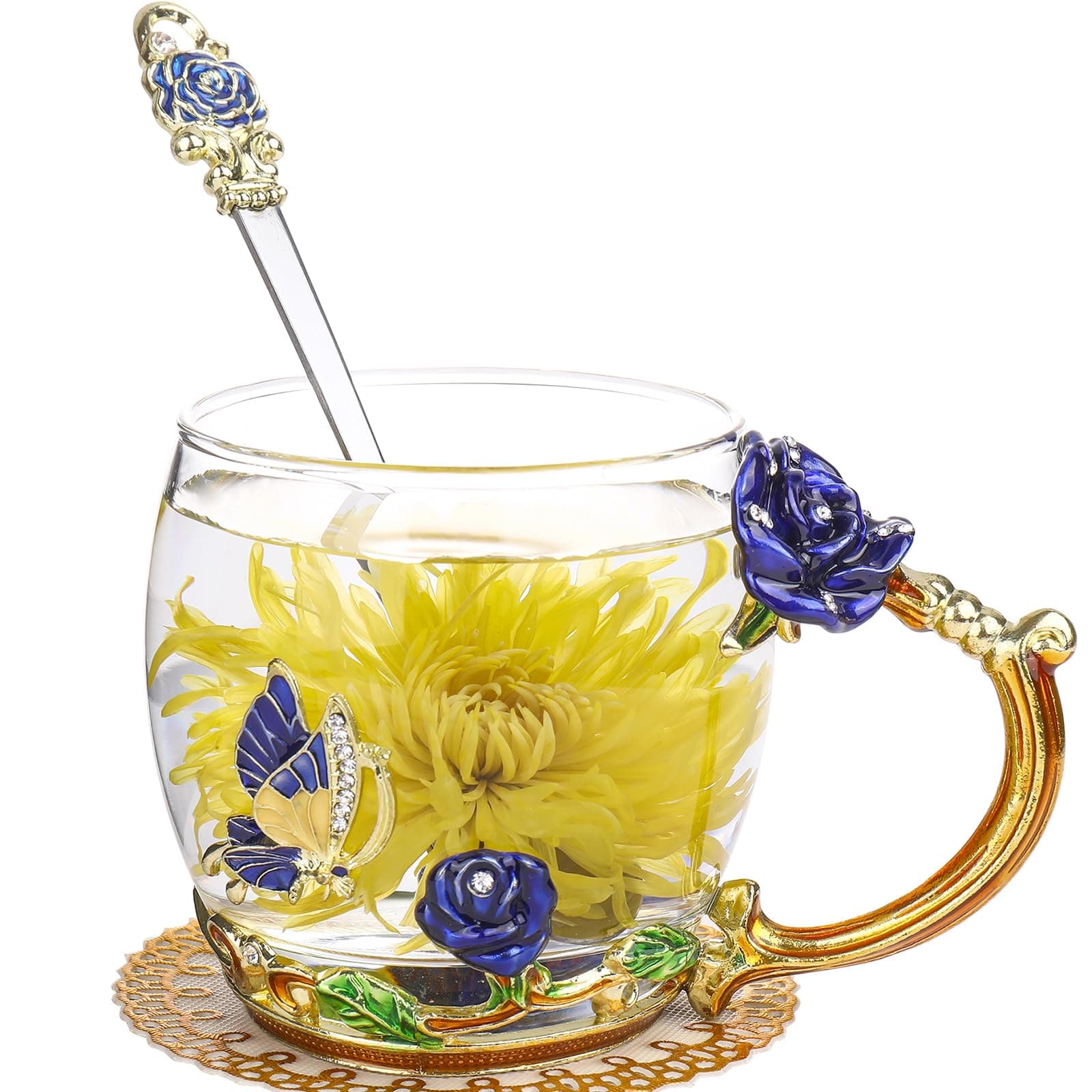 ONEPENG Birthday Gifts For Women, Glass Flower Tea Mugs(Rose-Blue-Short)