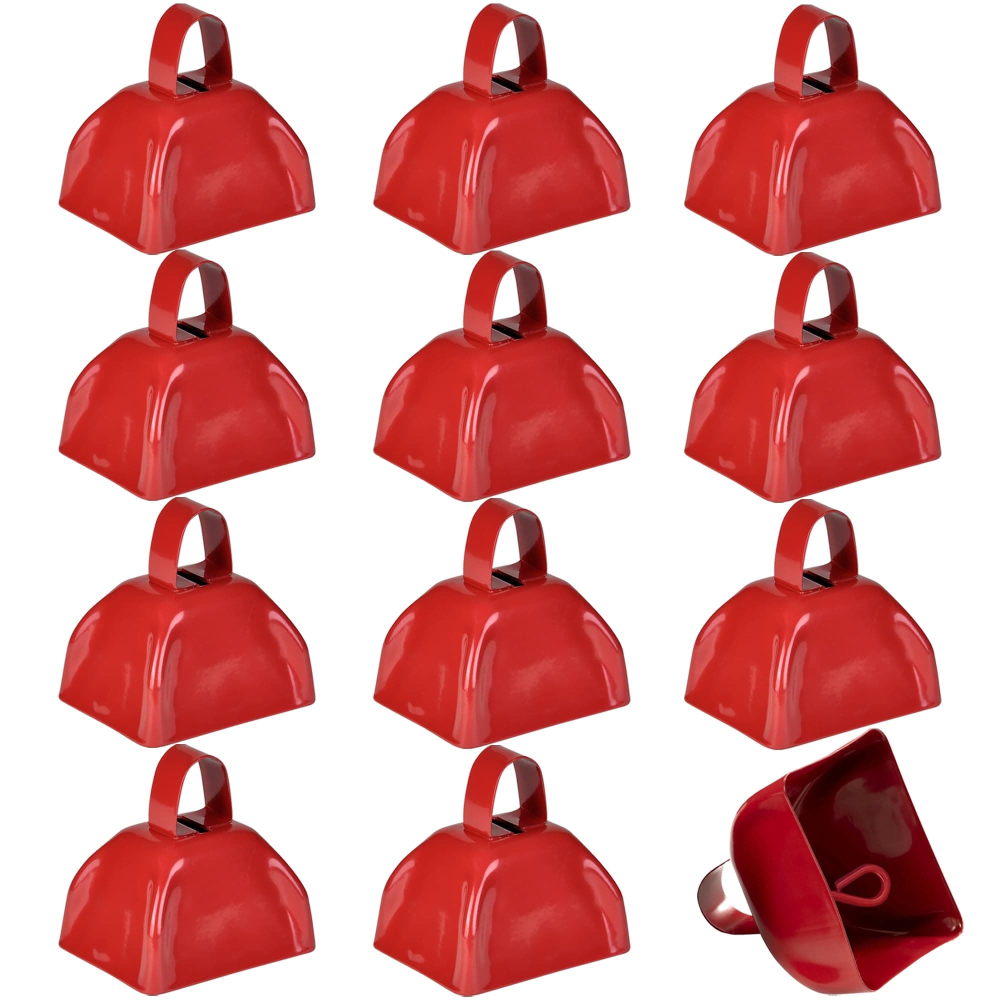 Metal Cowbell - 12 Pack, 3 Inch Red Cow Bells for Sporting Events, Cheering, Spirit, Loud Cow Bell Ideal Hand Percussion Cowbells Noise Makers for Sporting Events, Football Games, and Celebrations