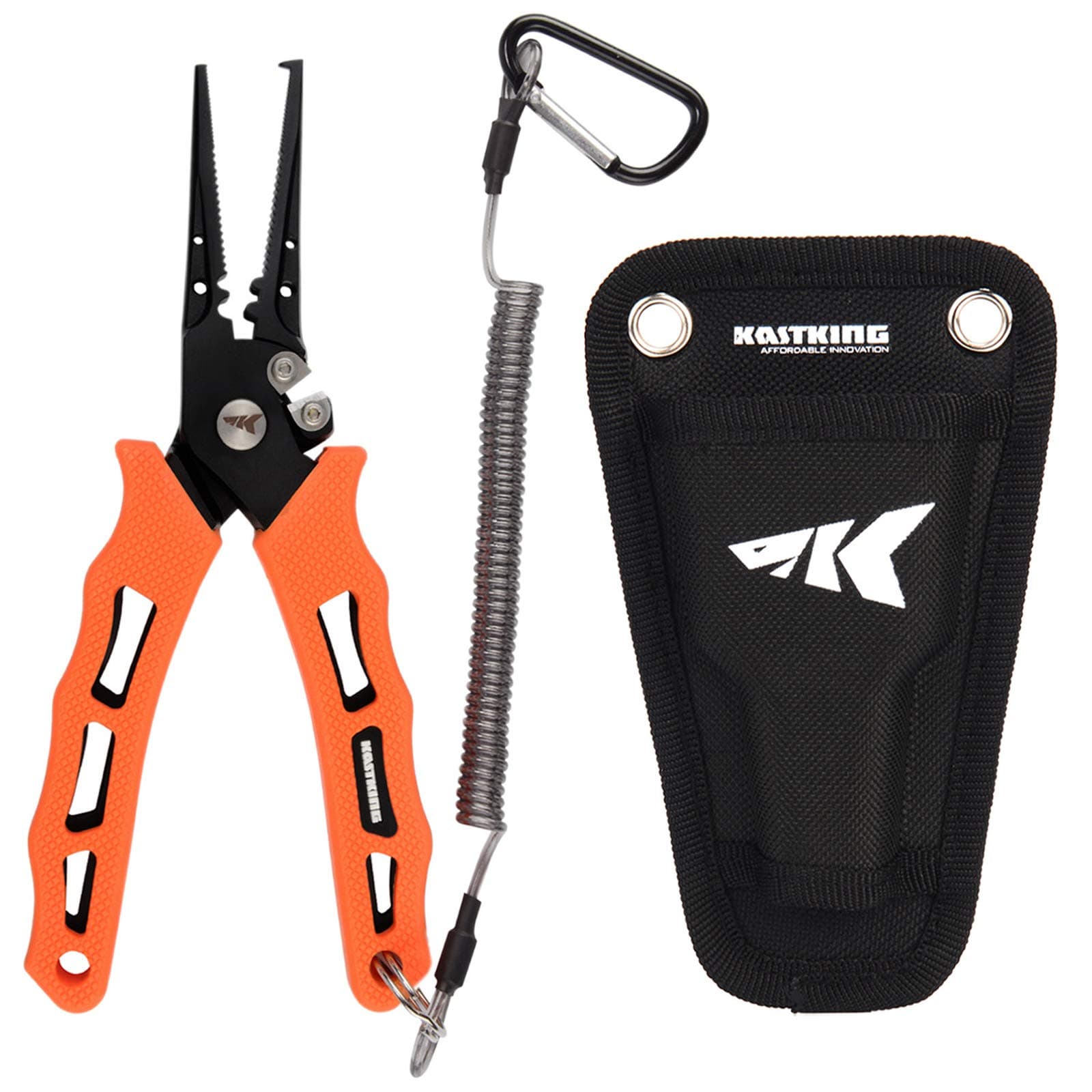 KastKing 7" Fishing Pliers, 420 Stainless Steel, Saltwater Resistant Fishing Gear, Tungsten Carbide Cutters,Corrosion Resistant Teflon Coating, Rubber Handle, Molded Sheath, Lanyard.