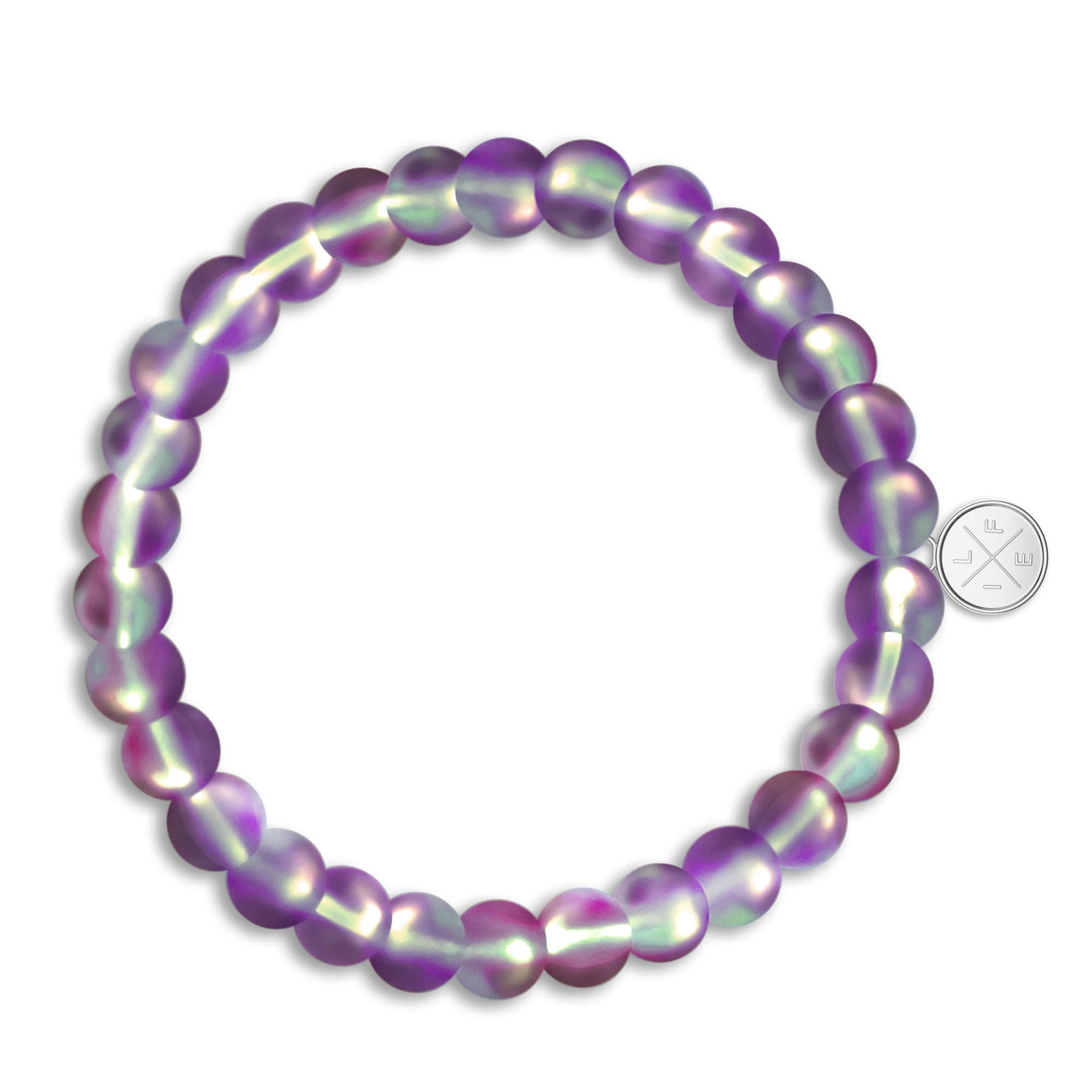 Shimmer Beads 8mm Glowing Glass Mermaid Moonstone Stretch Bracelet for Women Rainbow Violet Purple