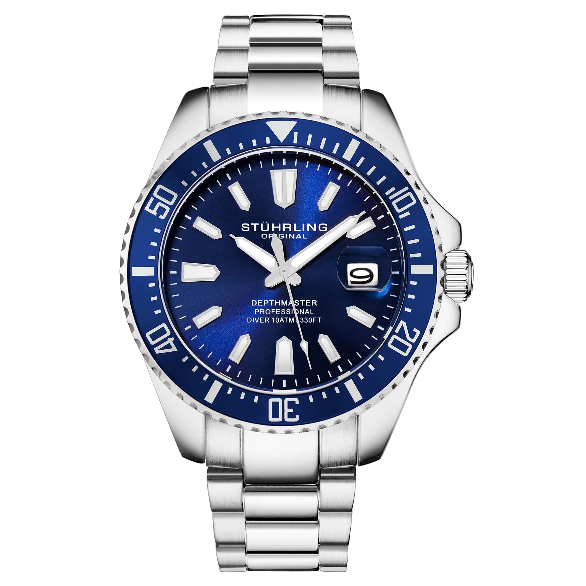 Stuhrling Original Men's Watch Pro Diving Watch Sport Watch 42mm Case Blue Dial Stainless Steel Silver Bracelet Diving Watch Men, blue, diving watch, diving watch