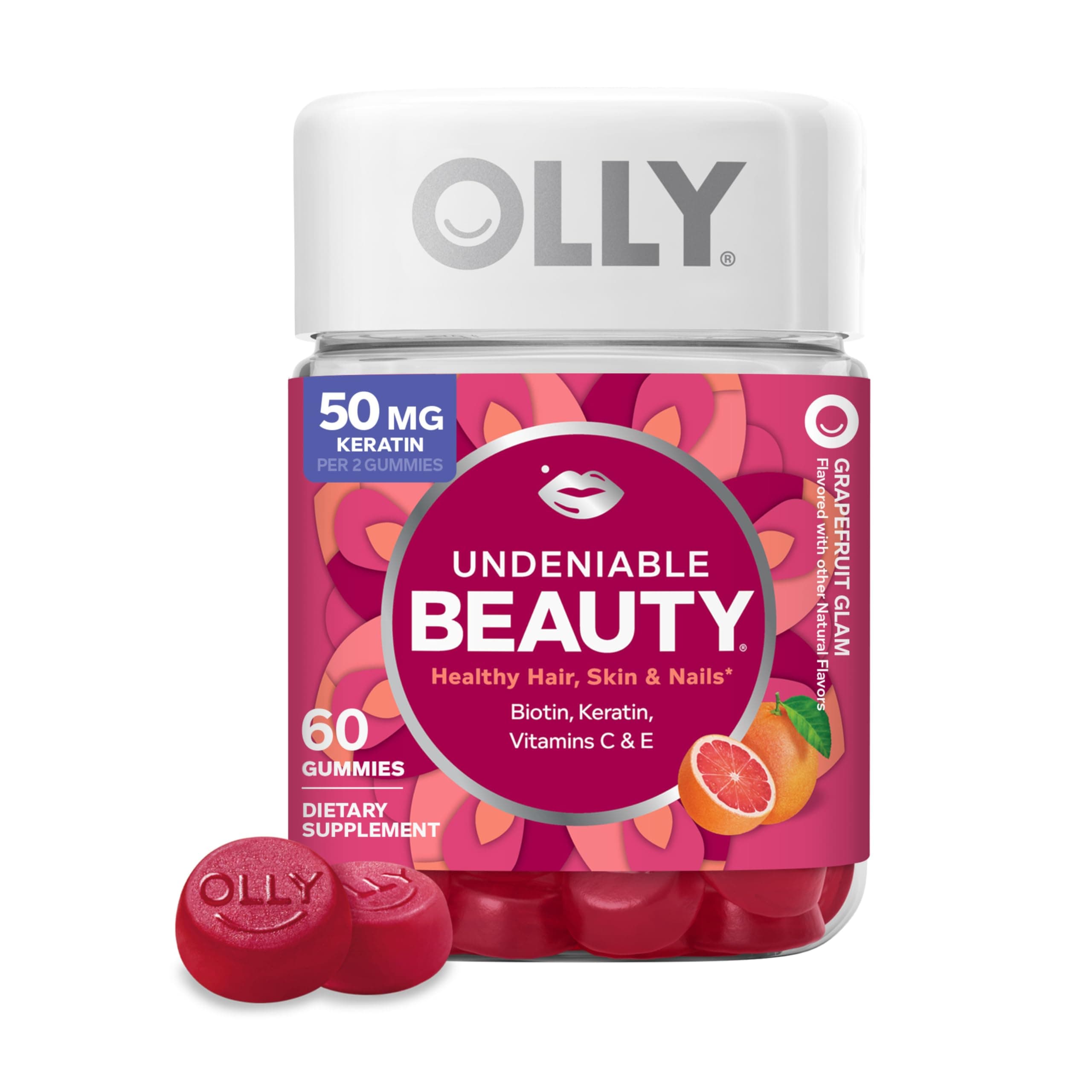 OLLY Undeniable Beauty Gummy, For Hair, Skin, Nails, Biotin, Vitamin C, Keratin, Chewable Supplement, Grapefruit, 30 Day Supply - 60 Count