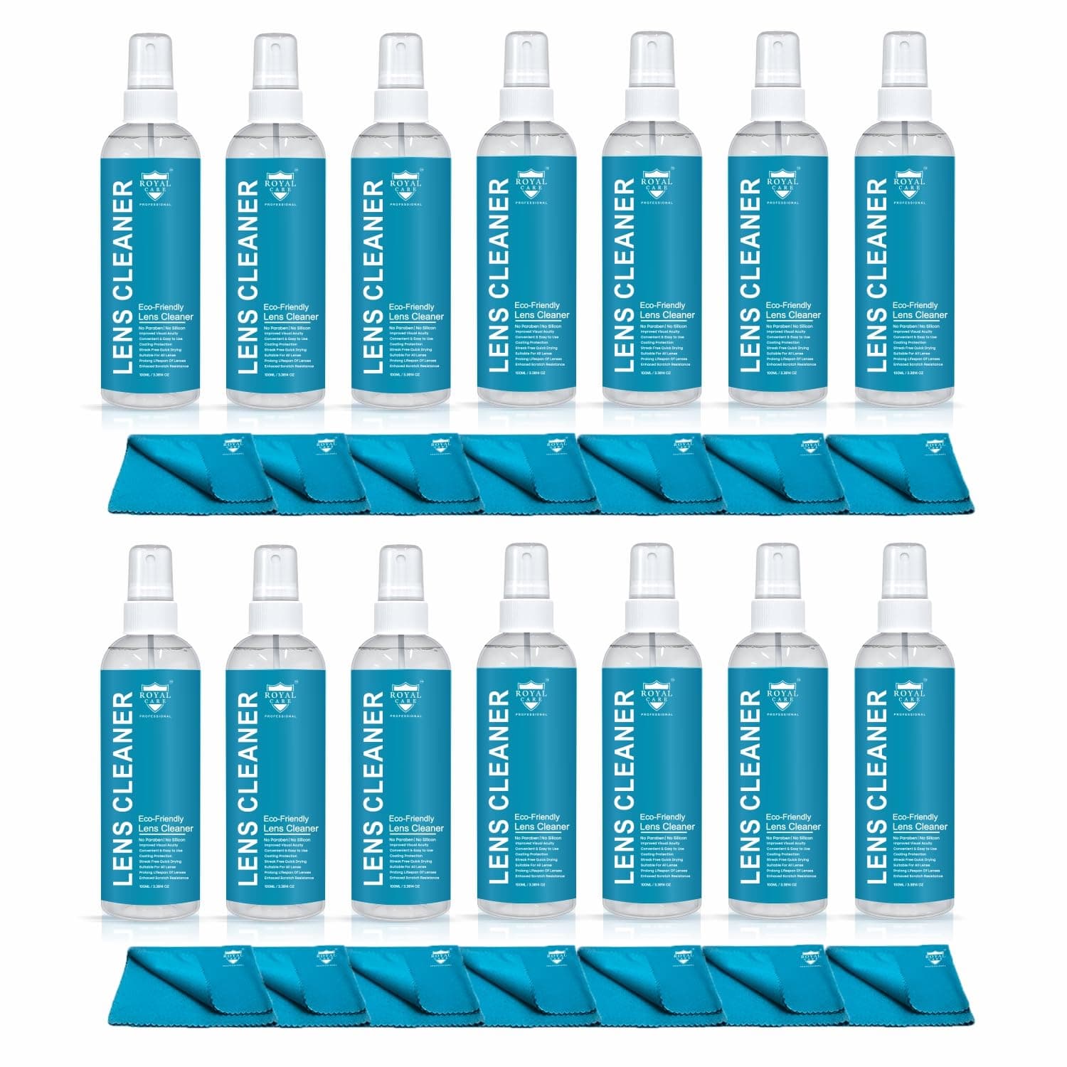 Royal Care Lens Cleaner Spray 100 ML Pack Kit – Professional Lens Cleaner Spray with Microfiber Cloths – Best for Eyeglasses, Cameras, and Lenses - Safely Cleans Fingerprints, Dust, Oil (Pack of 14)