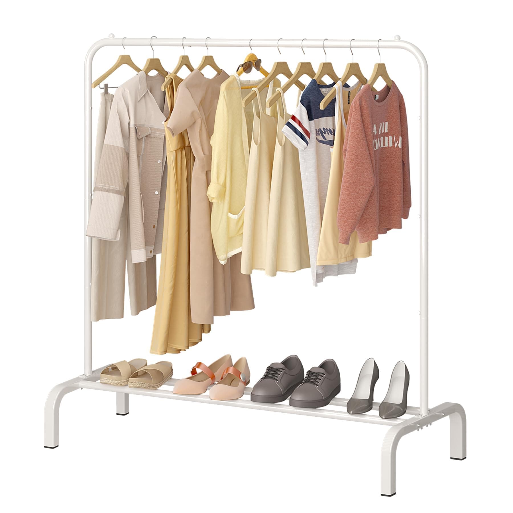 Metal Clothing Rack, 43.3 Inches Clothes Garment Coat Rack with Bottom Shelf for Hanging Skirts, Shirts, Sweaters, White