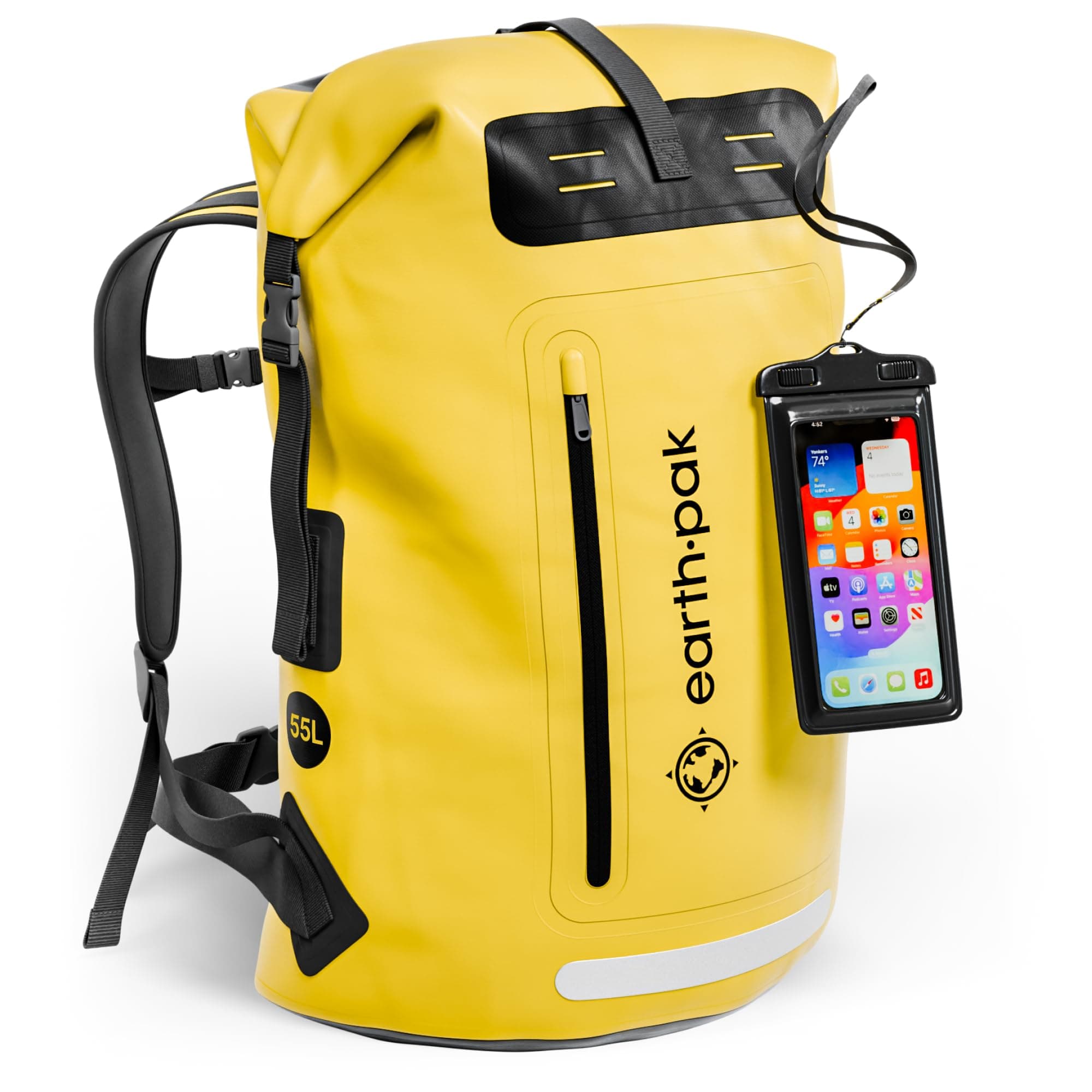 Earth Pak Waterproof Backpack - Heavy Duty Hiking Backpack - Roll-Top Closure Bag - Cushioned Dry Bag Waterproof Phone Case
