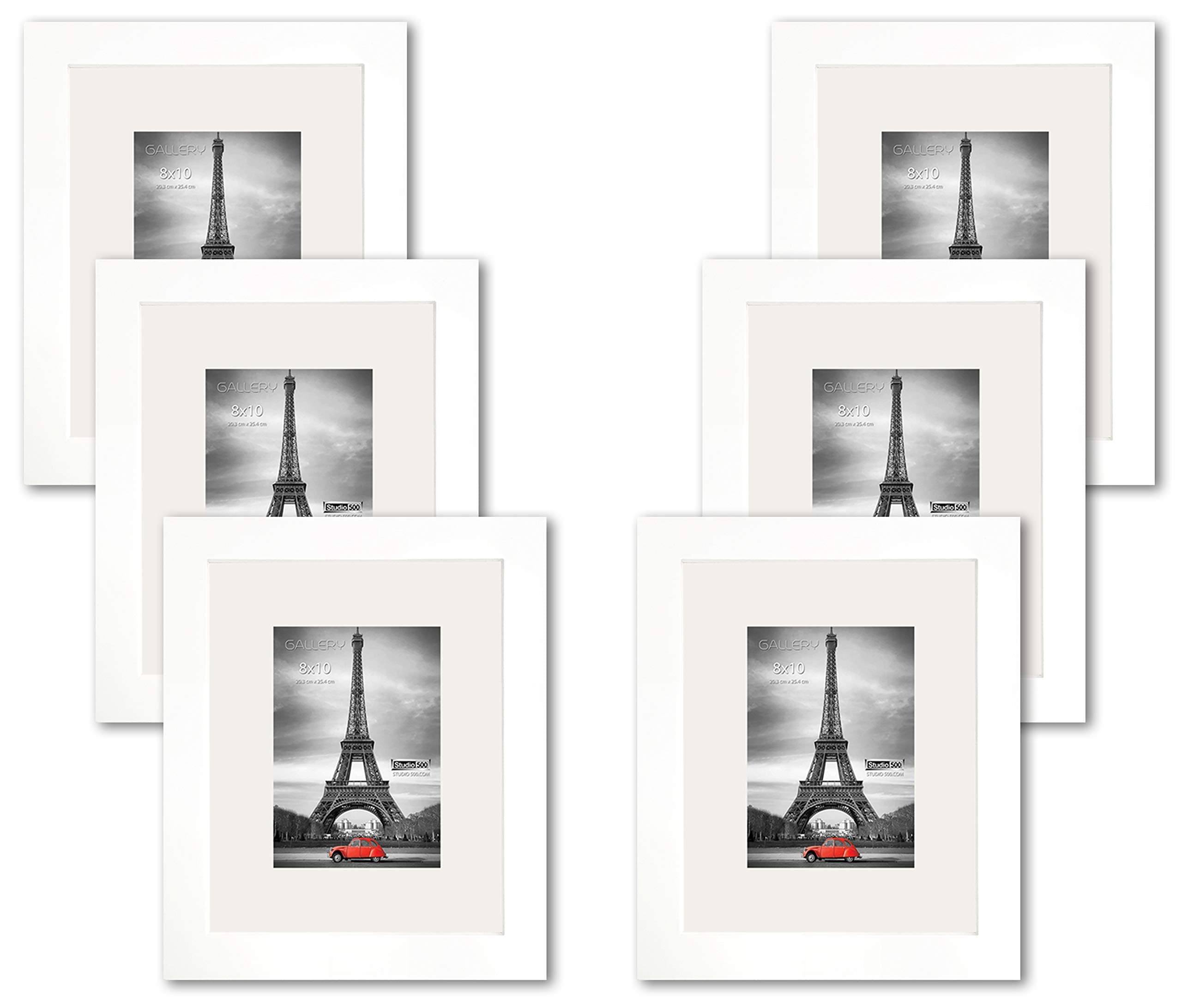 6 Value Pack of 8 by 10-inch Real Solid Wood Photo Frames, Tempered Glass, with Acid Free Off-White Core Bevel Mat Board for 5x7 Pictures, Comes in 2 Colors (White)