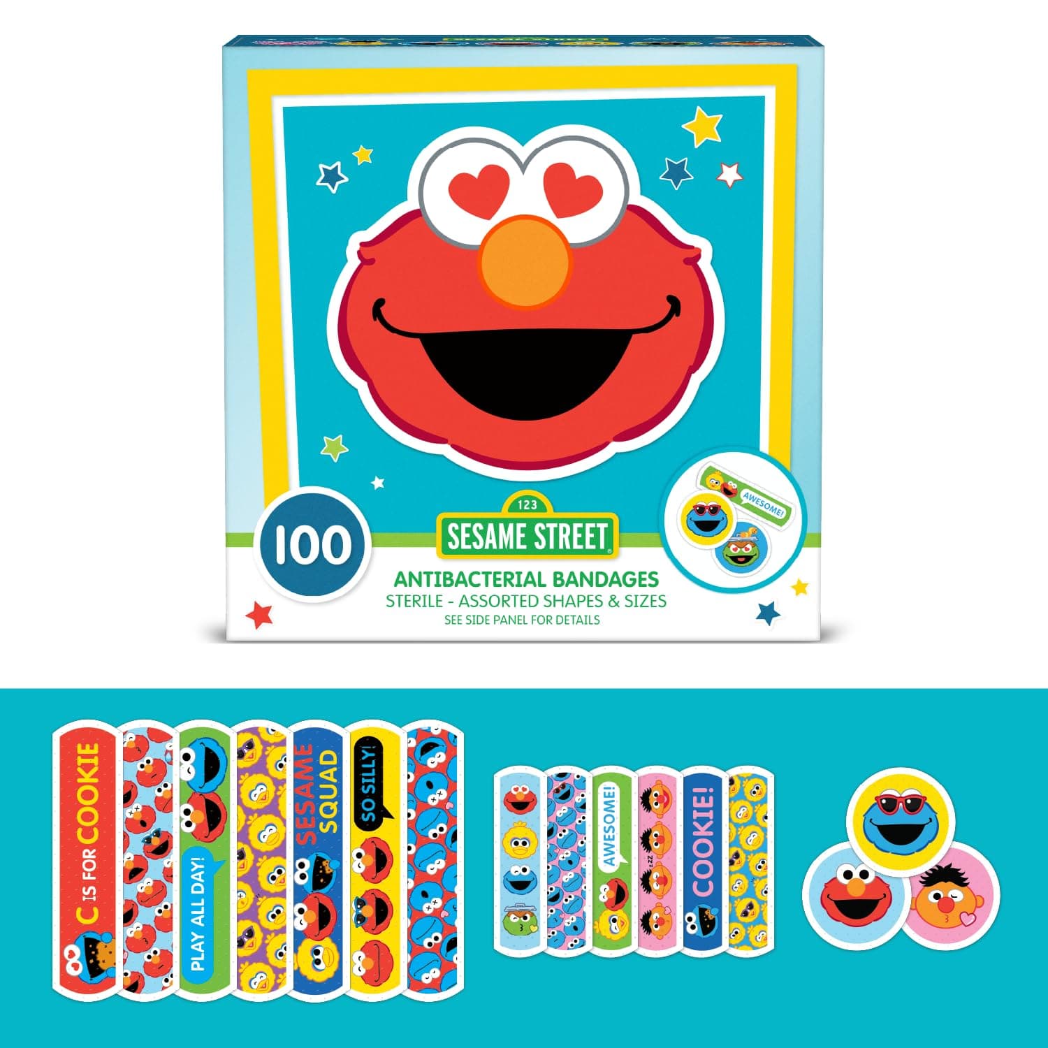 Sesame Street Kids Bandages, 100 CT | Great for Birthdays, Party Supplies Favors, Stickers, Stocking Stuffer or White Elephant Gift | Antibacterial Adhesive Bandages for Minor Cuts, Scrapes, Burns