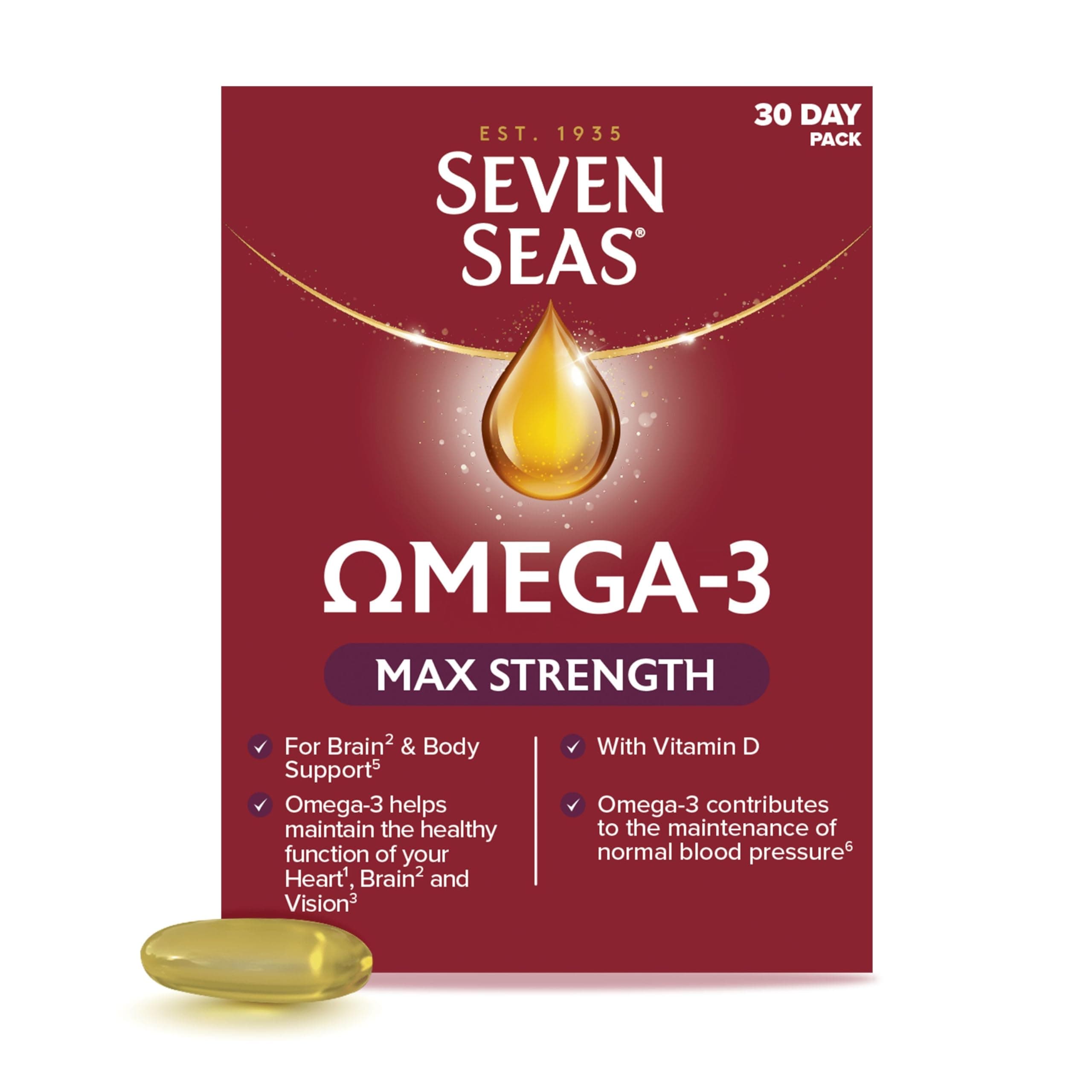 Seven Seas Omega-3 Fish Oil, Max Strength with Omega 3 and Vitamin D for Brain² and Body, 30 Capsules