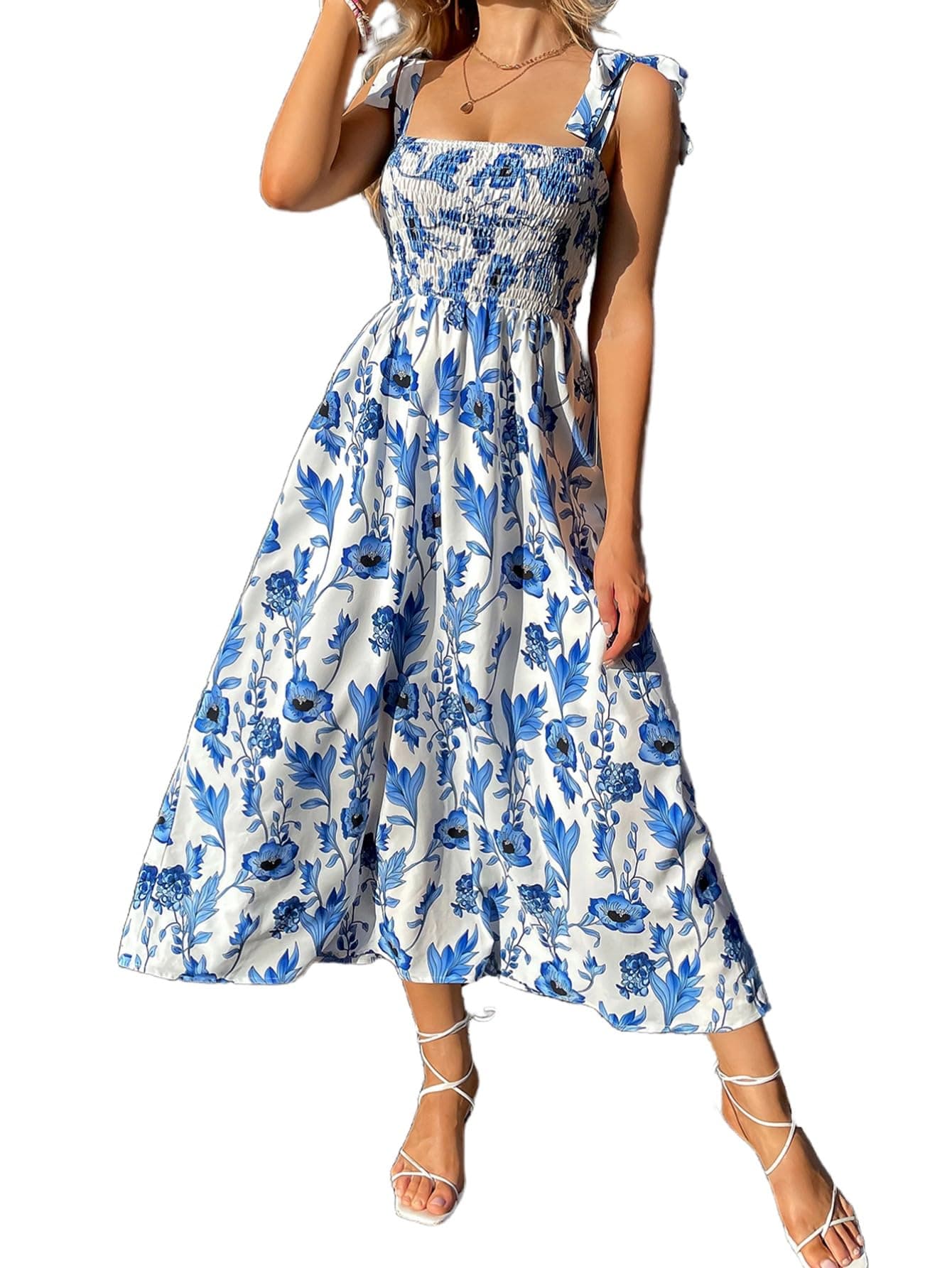 MakeMeChic Women's Fall Floral Dresses 2025 Beach Vacation Casual Blue and White Long Maxi Sundresses